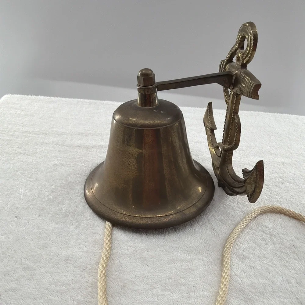 Vintage Antique Anchor Wall Mount Solid Brass Sailor Nautical Ship Bell w Rope